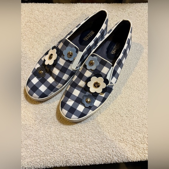 Michael Kors Keaton Floral Gingham Slip-On Sneakers Womens Size 8M White Blue - Picture 1 of 8